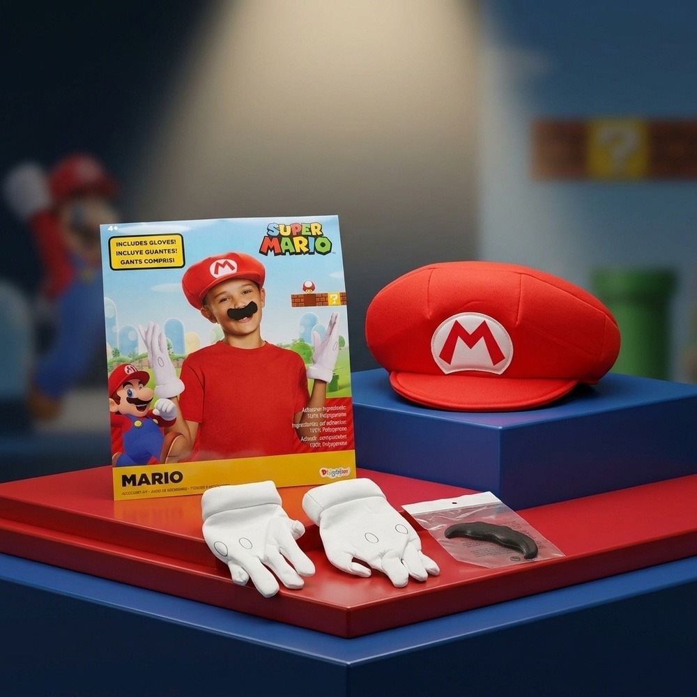 Disguise Super Mario Accessory Kit Red Hat White Gloves Mustache Kids Cosplay